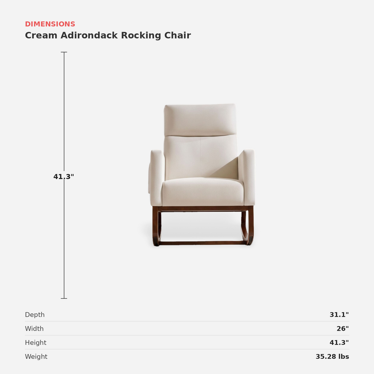 Cream Adirondack Rocking Chair dimensions (feature callout)