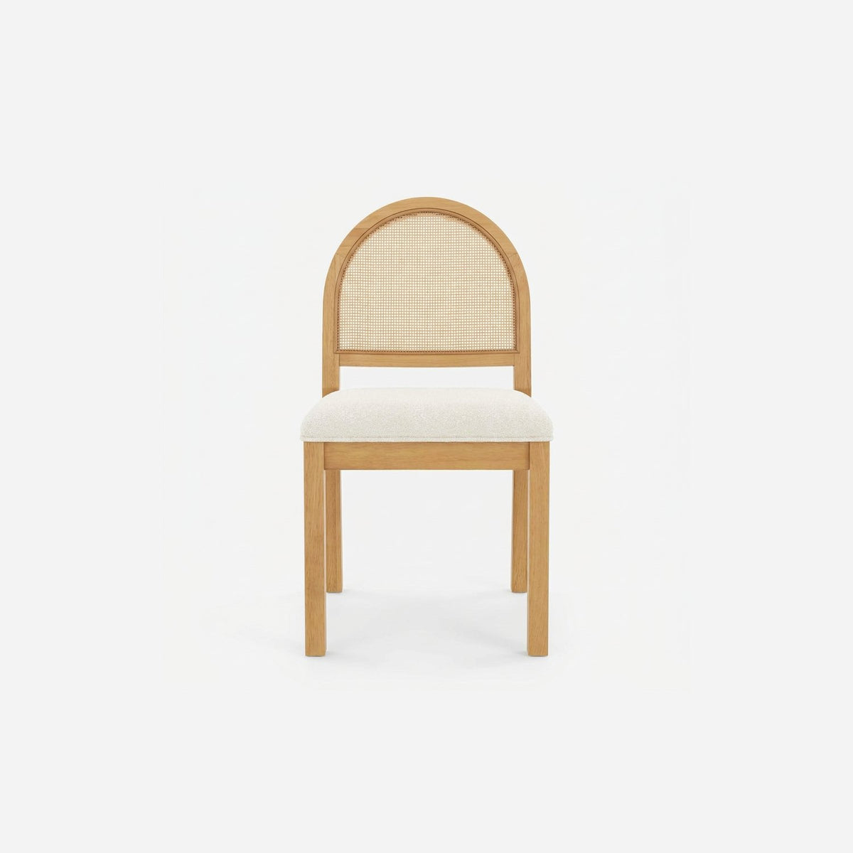 Cream boucle dining chair with an arched woven cane back and solid wood legs, front view