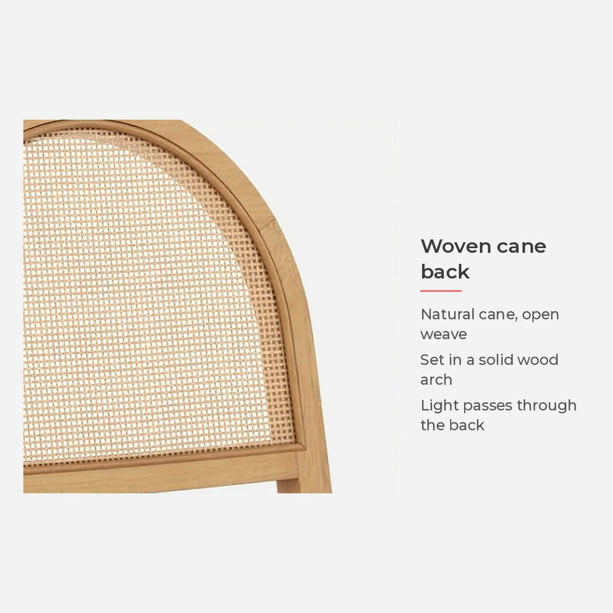 Spec card: natural woven cane back in an arched wood frame