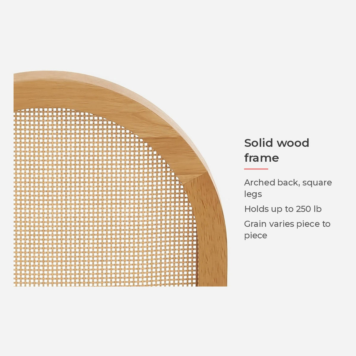 Spec card: solid wood frame and four square legs