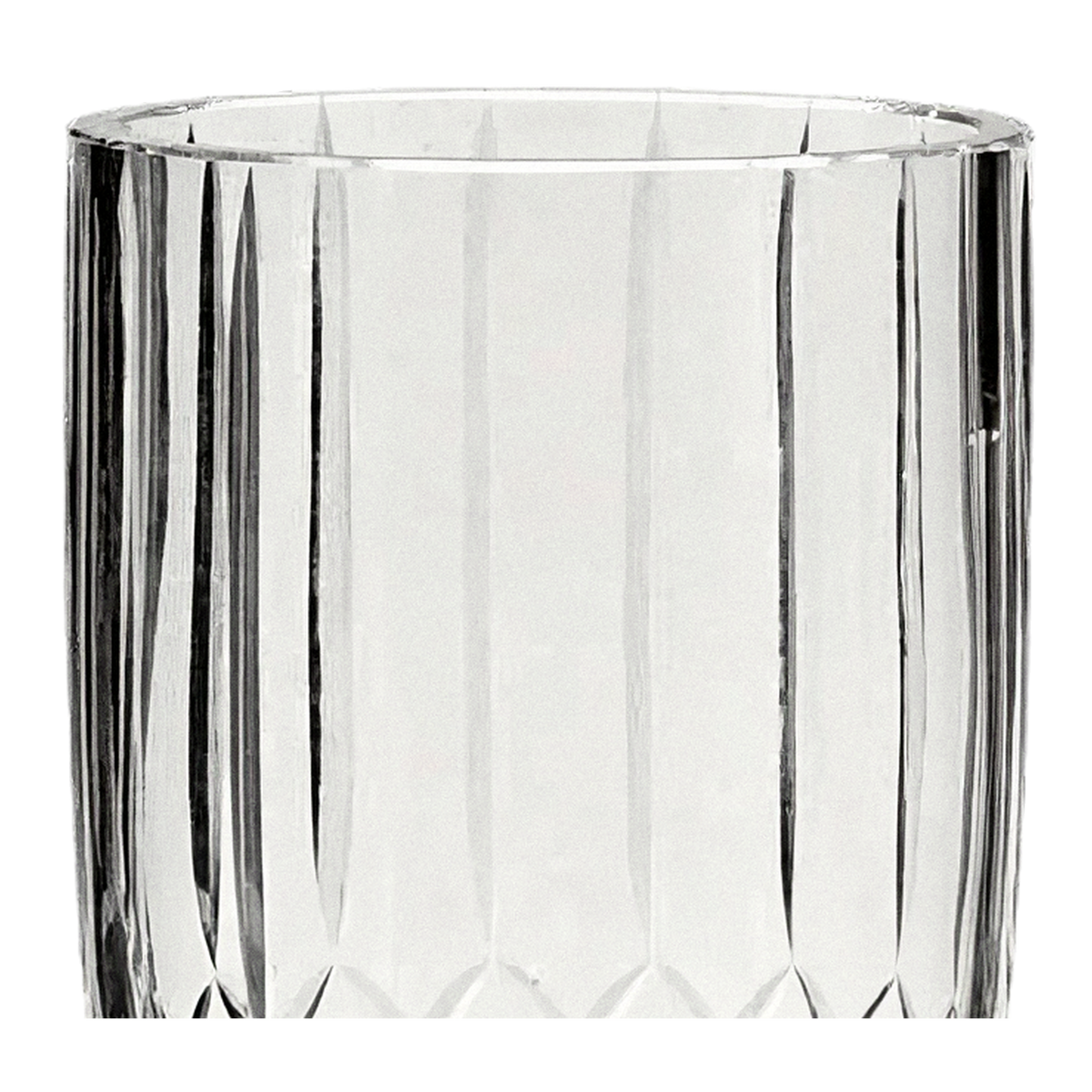 Vertical flute cuts and polished rim on the upper body of the vase (close-up detail, transparent)