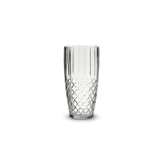 Diamond cut crystal vase, straight front view on a transparent #f3f3f3 ground (plain studio)