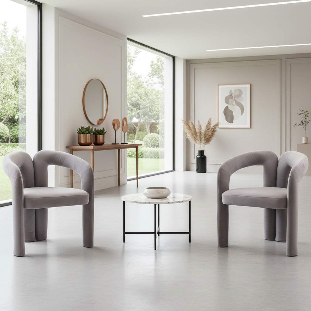 Two gray velvet dining armchairs with curved backs in a bright modern room around a round marble coffee table.