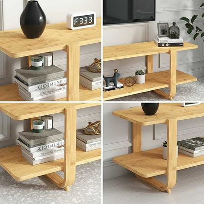 65-inch bamboo media stand with elegant curved legs and storage shelves in a warm burlywood finish, organic modern design.