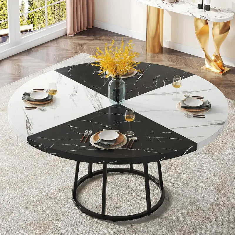 Tribesigns round Dining Table for 4 People, 47 Inch Kitchen Table with Circle Metal Base Faux Marble Table Top (Only Table)