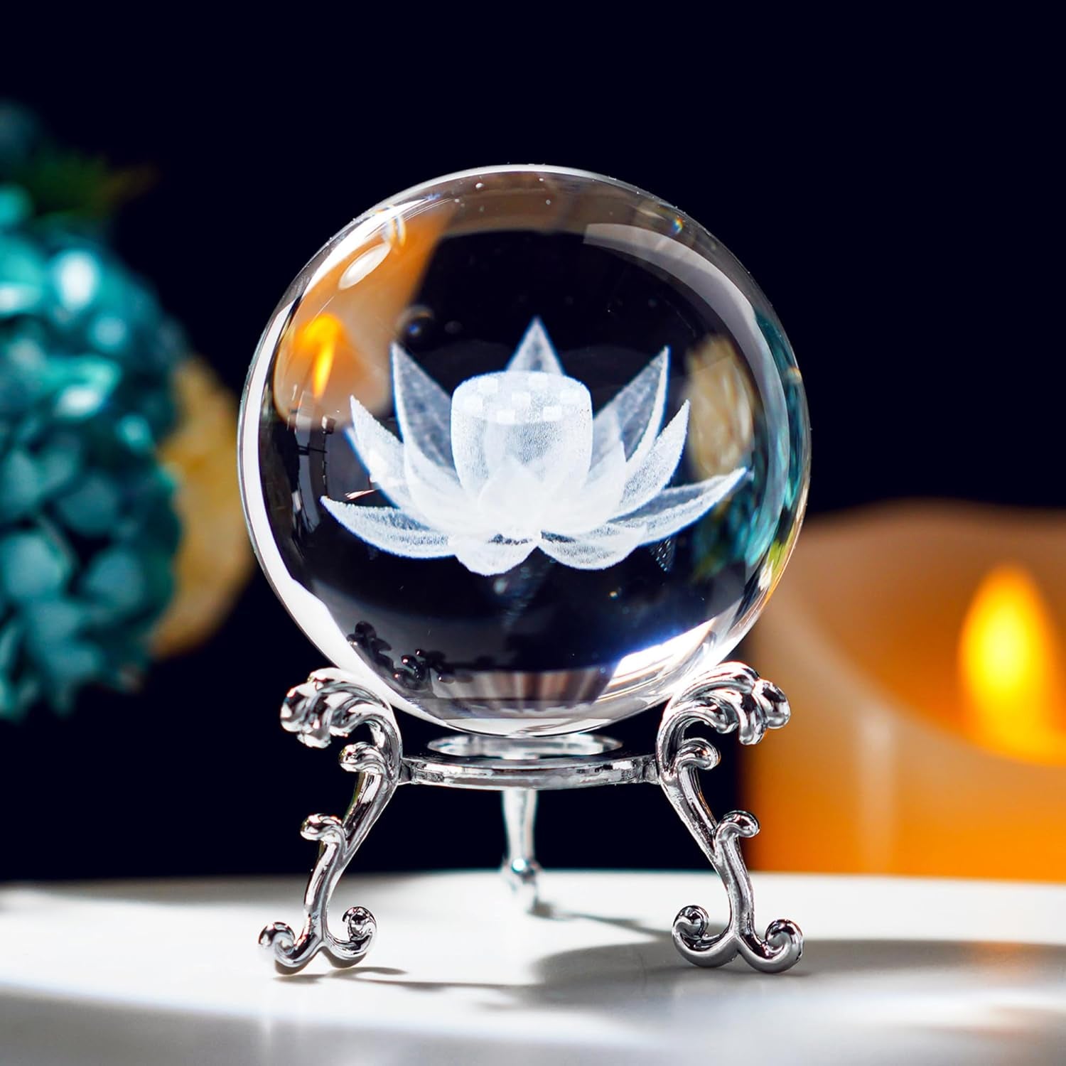 Crystal 2.4 Inch (60Mm) Carving Lotus Crystal Ball with Sliver-Plated Flowering Stand,Fengshui Glass Ball Home Decoration