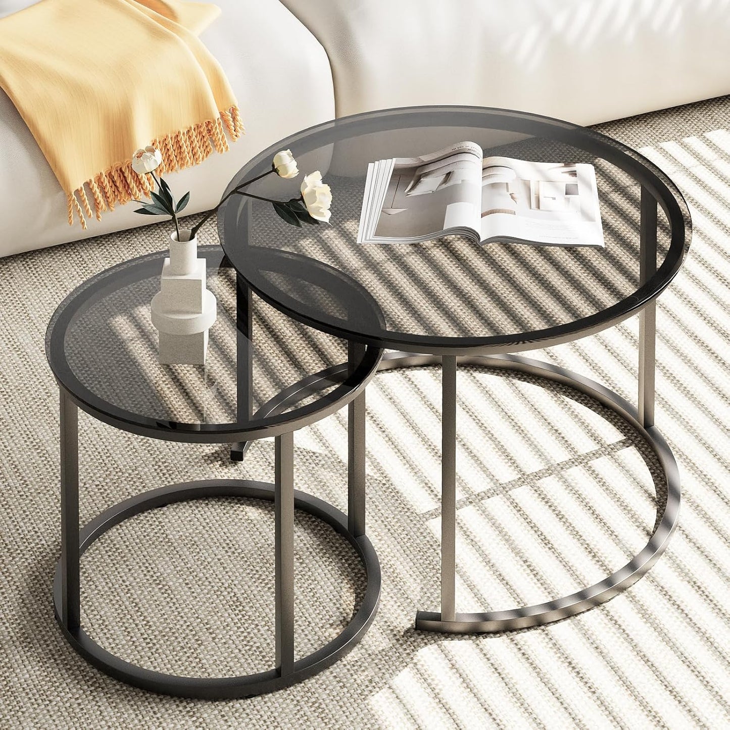 Coffee Table Nesting Side round Set of 2 End Table Top Sturdy Metal Frame Desk Centerpiece Living Room Bedroom Apartment Modern Industrial Simple Nightstand