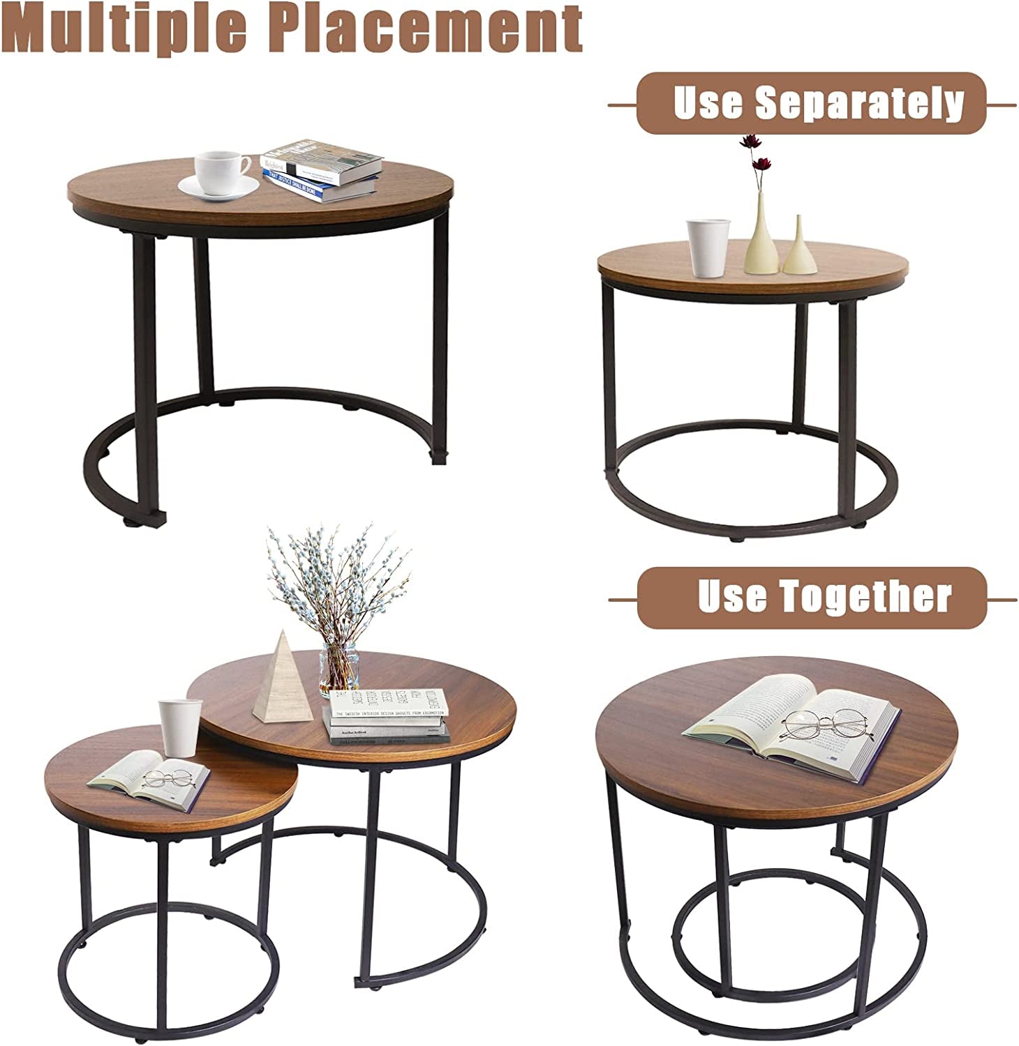 Coffee Table Nesting Side round Set of 2 End Table Top Sturdy Metal Frame Desk Centerpiece Living Room Bedroom Apartment Modern Industrial Simple Nightstand