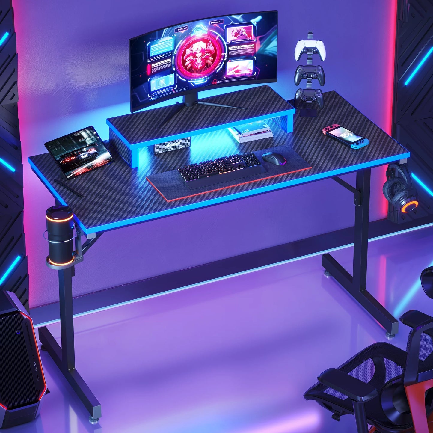 42" Gaming Desk with LED Lights, Monitor Stand, Hook, and Cup Holder