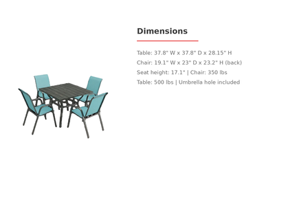 5-Piece Patio Dining Set dimensions - table 37.8 x 37.8 x 28.15 inches, chair 19.1W x 23D x 23.2H, seat height 17.1 inches (dimensions card)