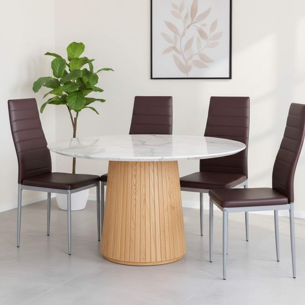 Set of 4 high-back brown PVC dining chairs around a round white marble table with a wooden pedestal.