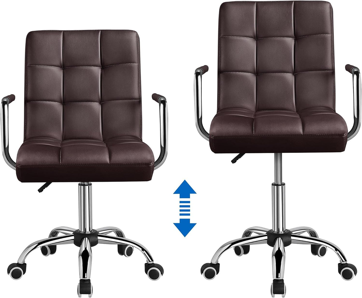 Pair of dark brown modern faux leather mid-back ergonomic office chairs with padded contoured backs and chrome bases.