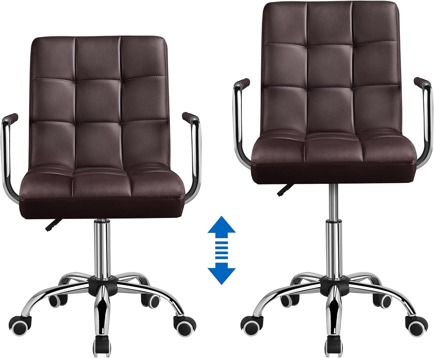 Pair of dark brown modern faux leather mid-back ergonomic office chairs with padded contoured backs and chrome bases.