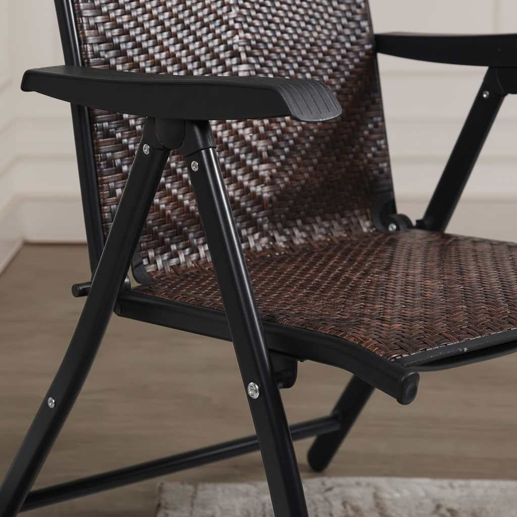 Outdoor heavy-duty dark brown rattan folding patio chair with five-position backrest and powder-coated steel frame.