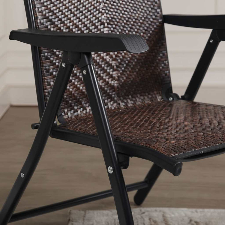 Outdoor heavy-duty dark brown rattan folding patio chair with five-position backrest and powder-coated steel frame.