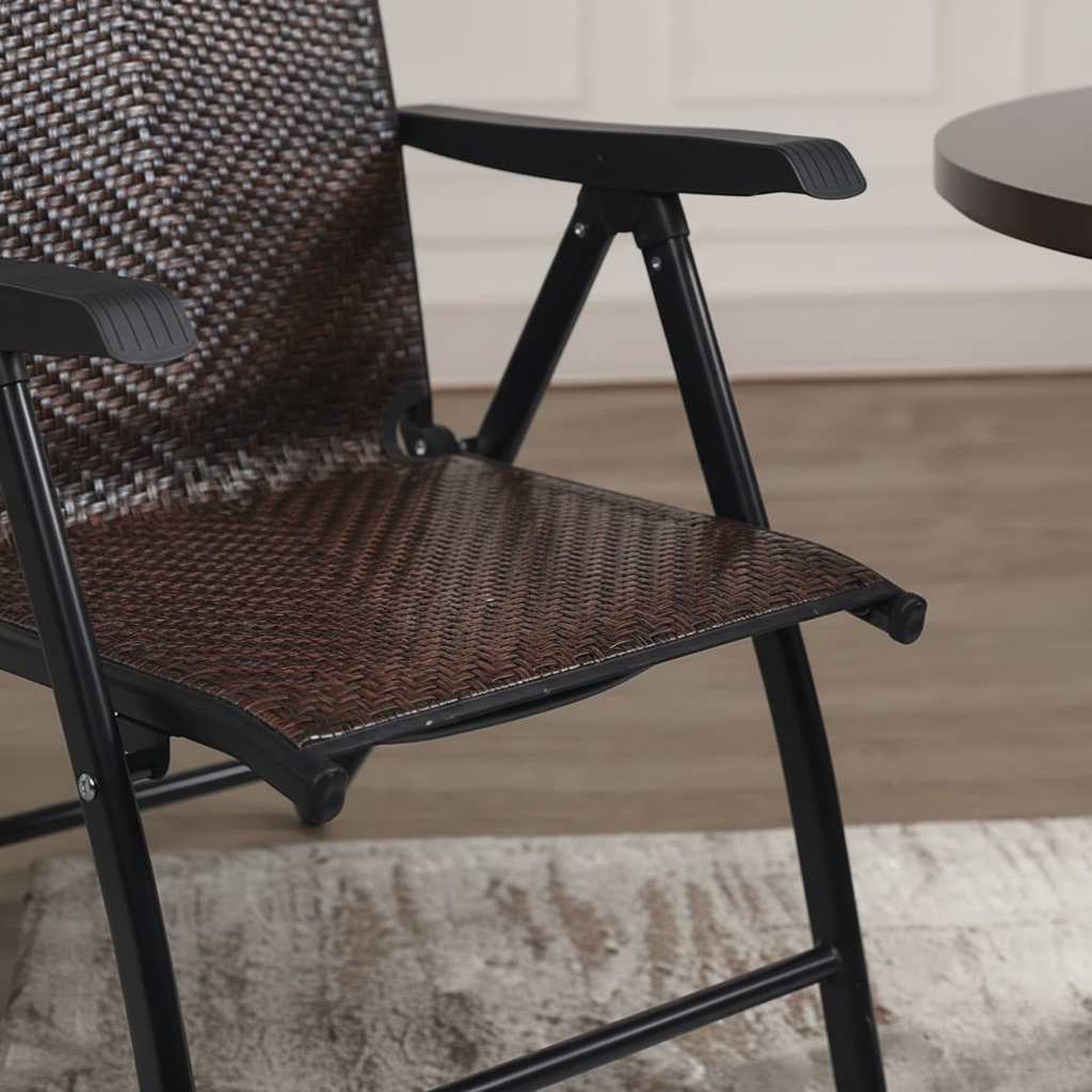 Outdoor heavy-duty dark brown rattan folding patio chair with five-position backrest and powder-coated steel frame.