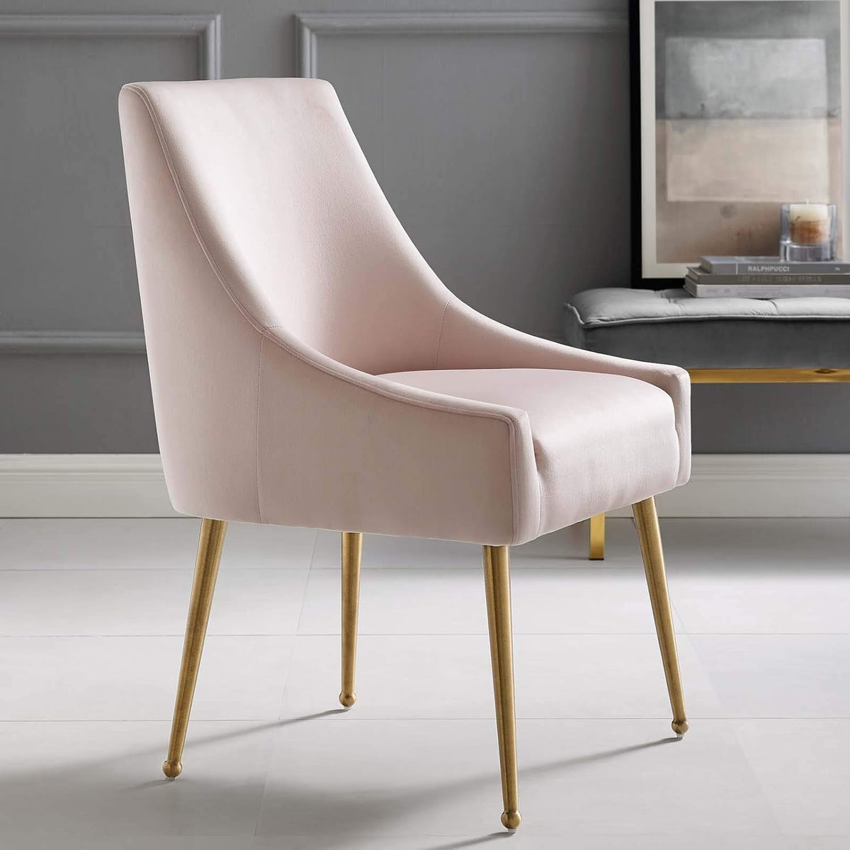 Pink Velvet Dining Chair With Gold Accents, Upholstered