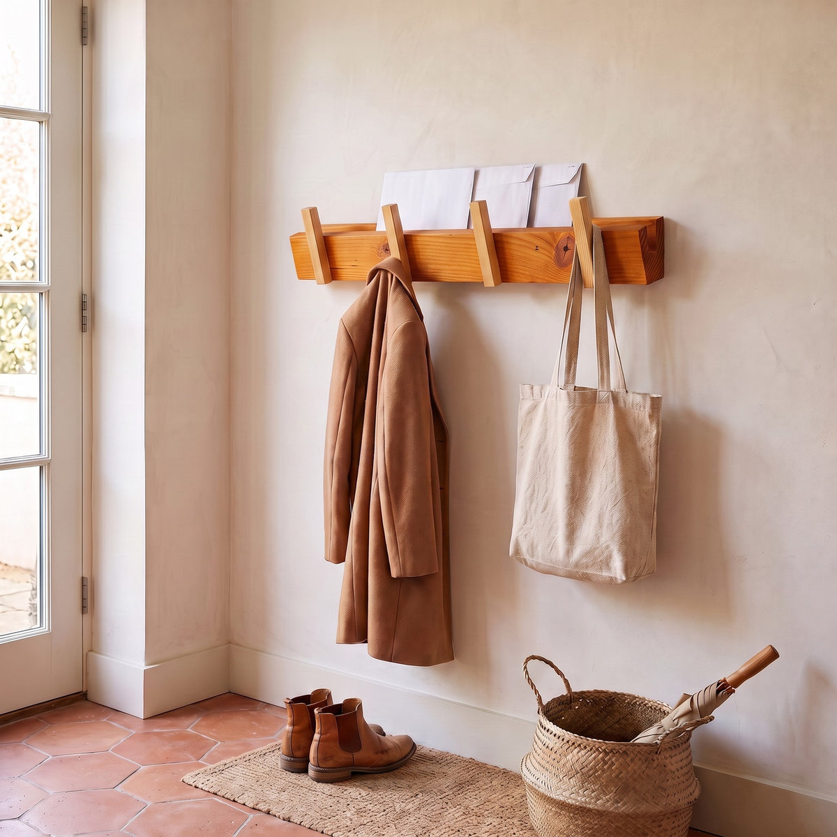 Reclaimed fir rack on a limewashed mudroom wall with a camel coat, canvas tote and envelopes, glazed garden door beside it