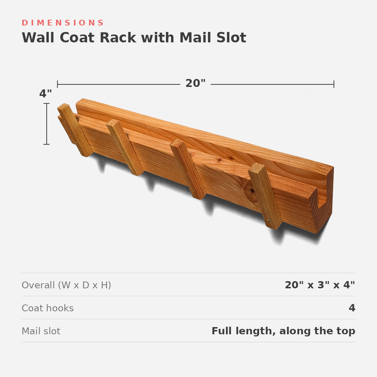 Size diagram: 20 inches wide, 4 inches high, 3 inches deep (dimensions)