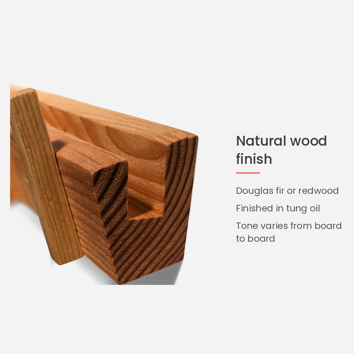 Card on Douglas fir or redwood finished in tung oil, tone varying board to board (feature callout)