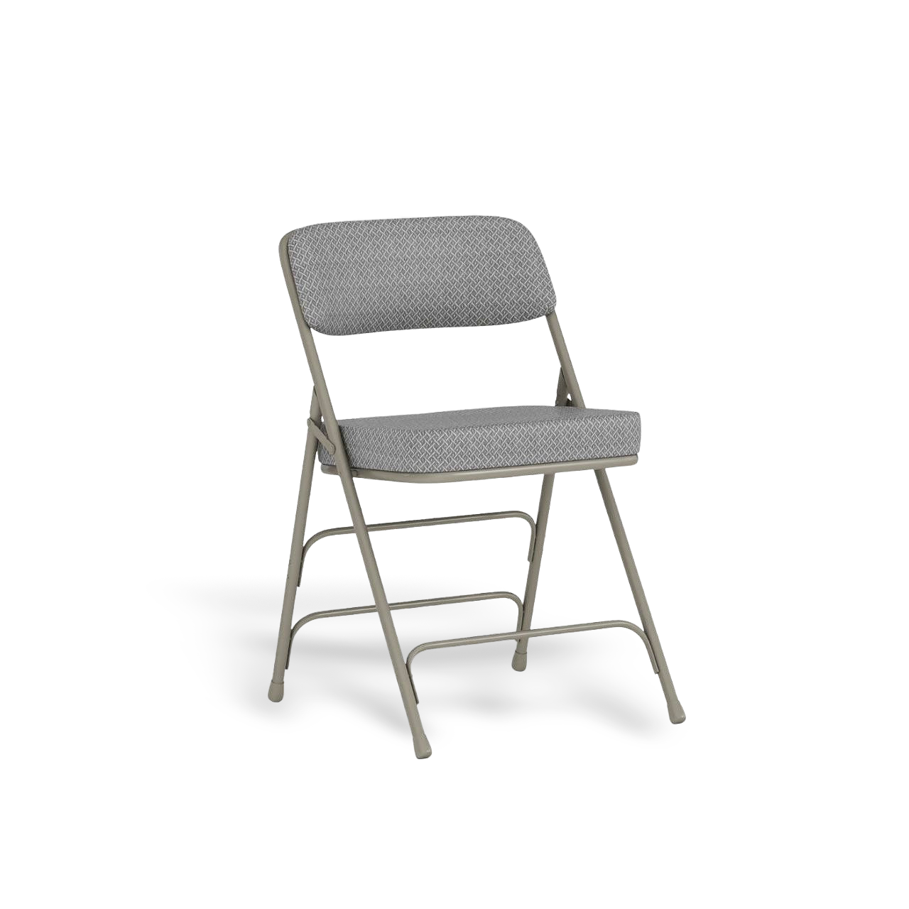 Two Hercules folding chairs with cushioned fabric seats and gray metal frames.