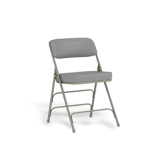 Two Hercules folding chairs with cushioned fabric seats and gray metal frames.
