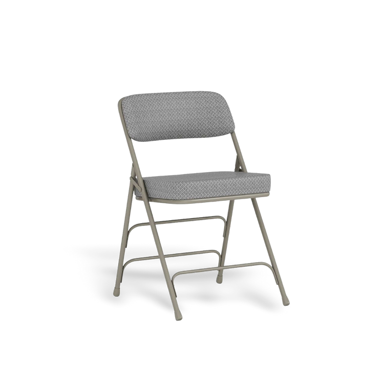 Two Hercules folding chairs with cushioned fabric seats and gray metal frames.