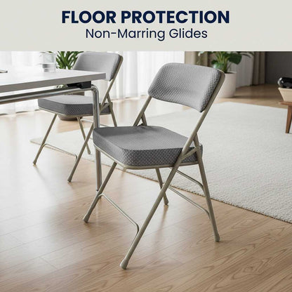 Deluxe gray upholstered folding chairs with extra-thick cushioned seats and gray powder-coated frames for l (feature callout)