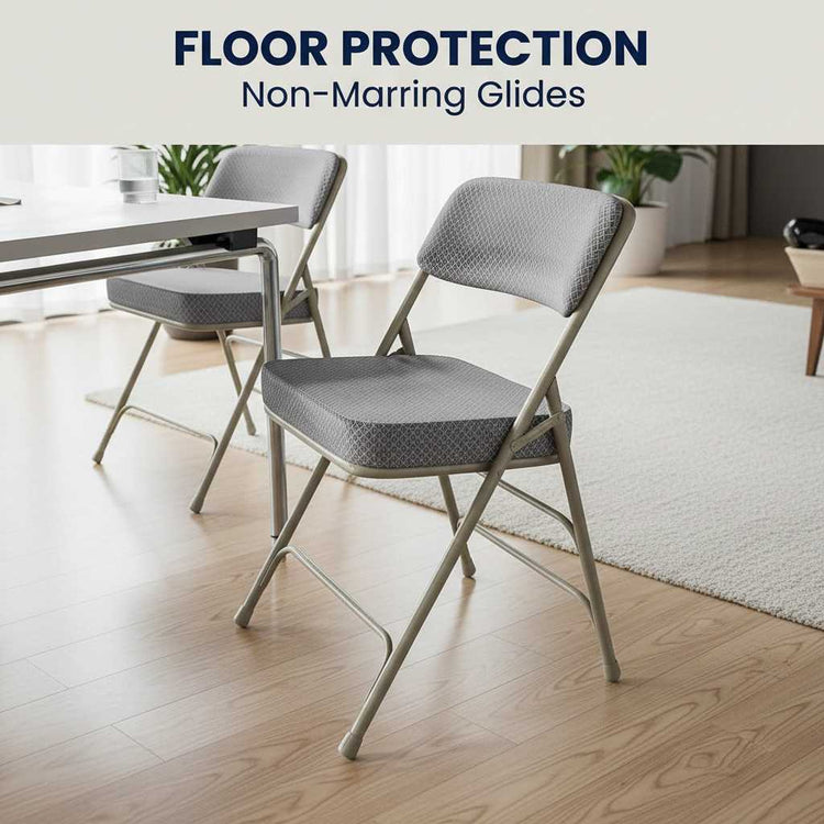 Deluxe gray upholstered folding chairs with extra-thick cushioned seats and gray powder-coated frames for long-duration sitting comfort.