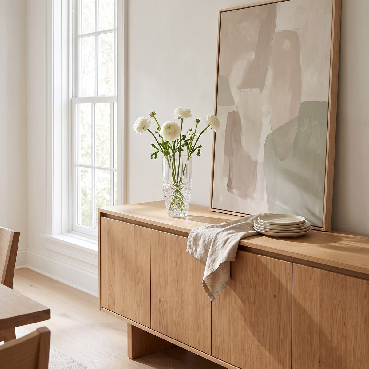Cut crystal vase with white ranunculus on an oak sideboard in a bright dining room, wide view