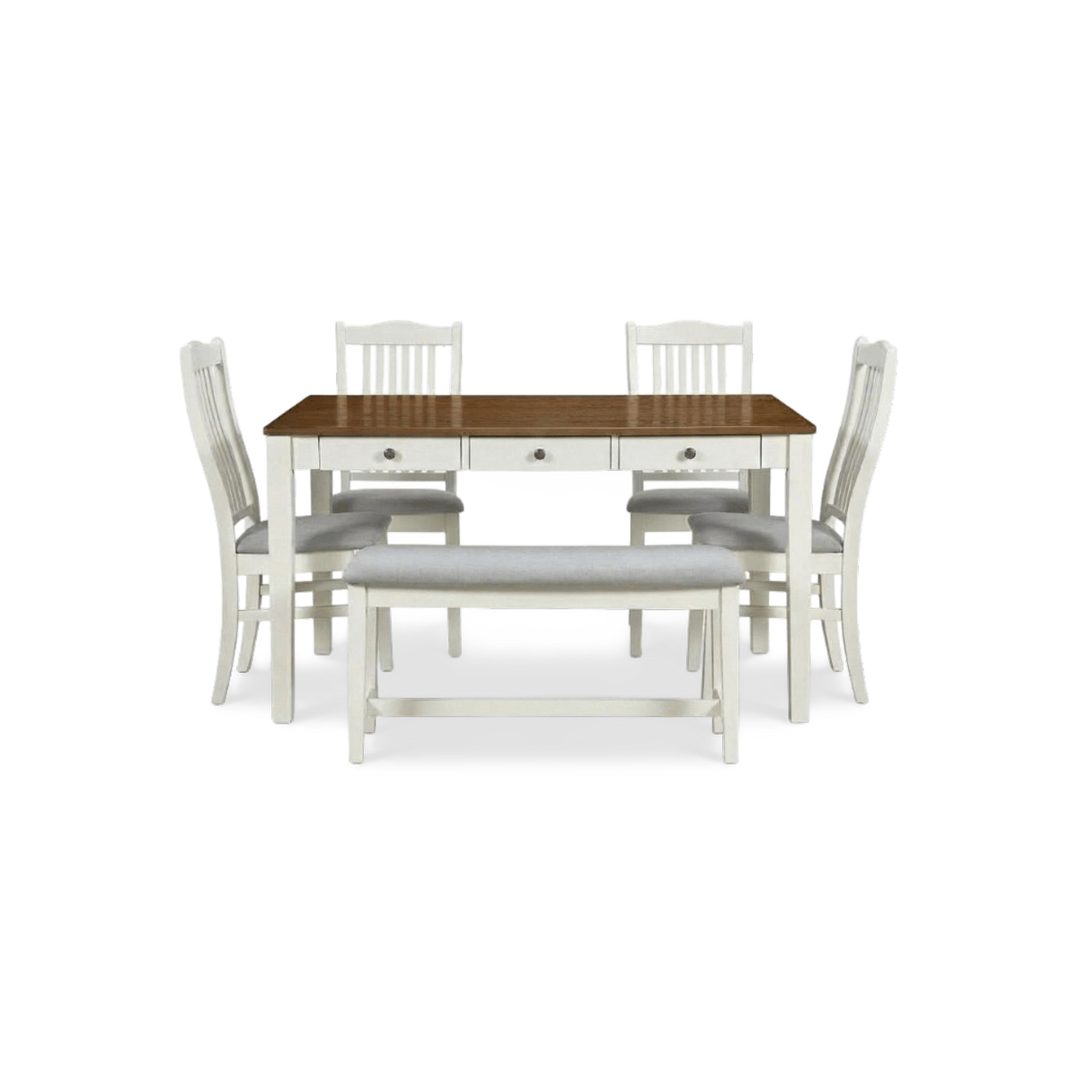 Dining table set with bench, walnut top and cream-white chairs, front view (plain studio)