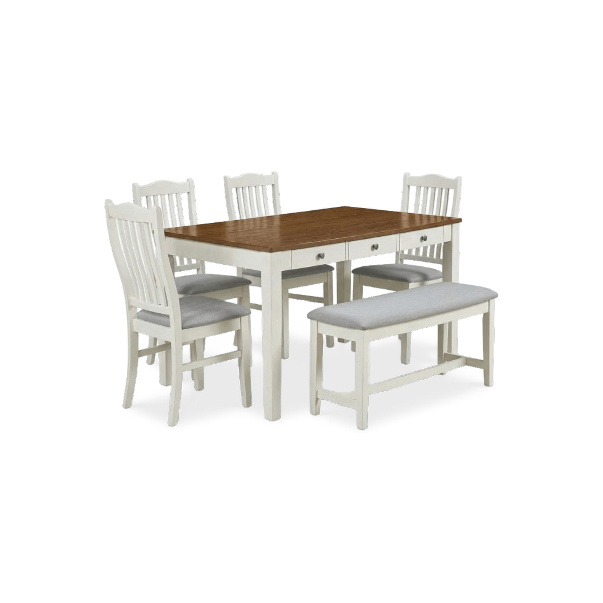 6 piece dining set with four slat-back chairs and a bench at a three-quarter angle (plain studio)