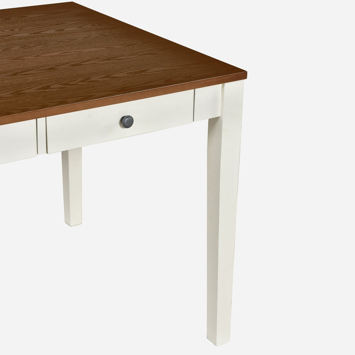 Walnut-top table set: walnut top corner and drawer front (close-up detail)
