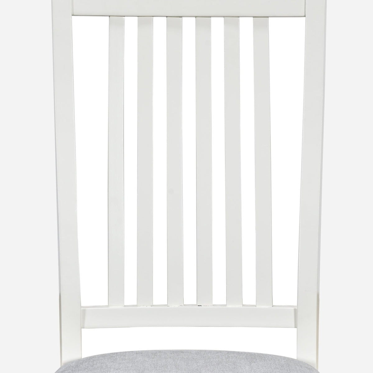 Walnut-top table set: slat-back chair and grey seat (close-up detail)