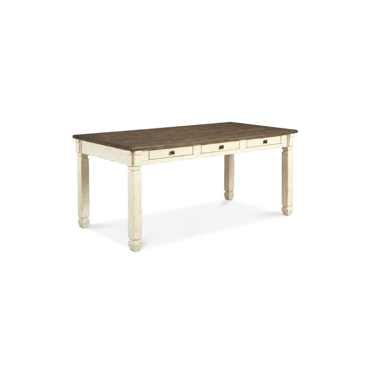 Two tone dining table with six drawers seen at a three-quarter angle (plain studio)
