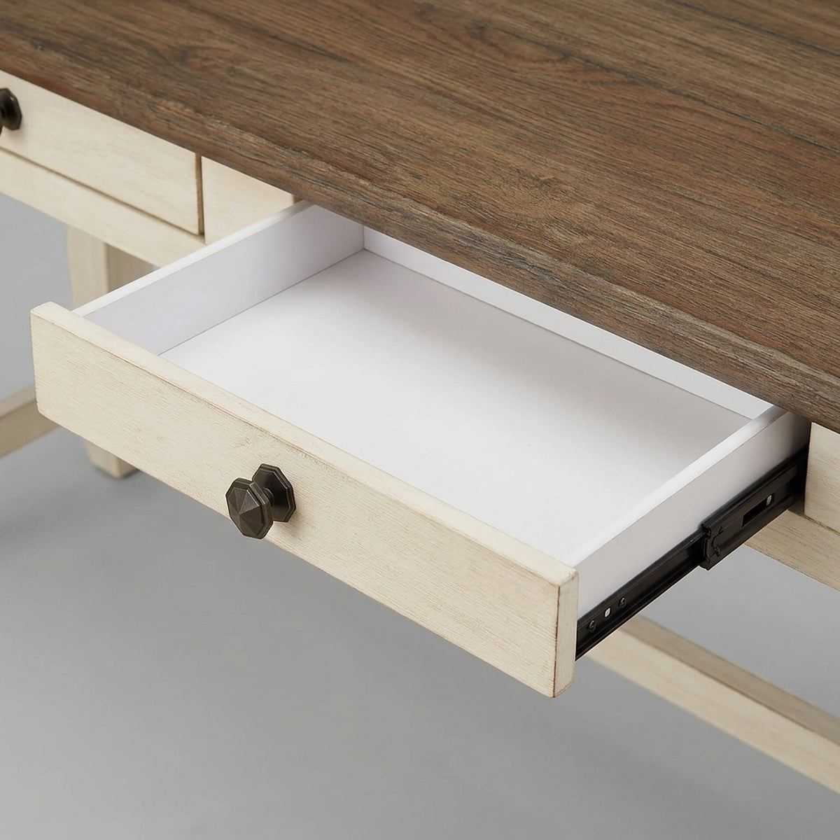 Whitewash table: open apron drawer and aged knob (close-up detail)