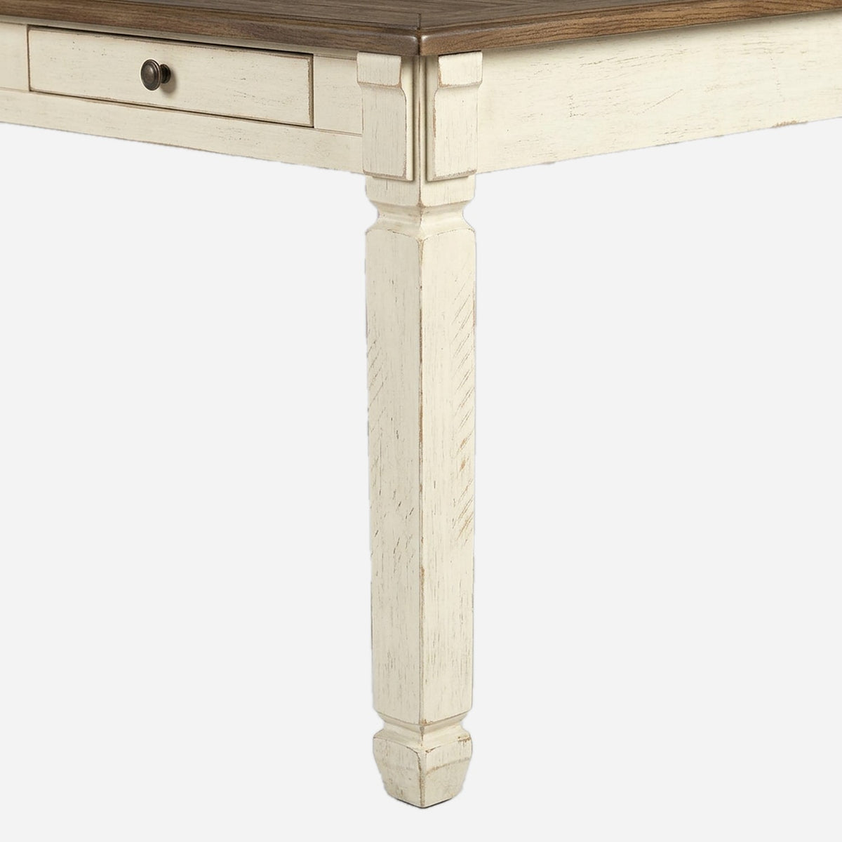 Whitewash table: square tapered leg in antique white (close-up detail)