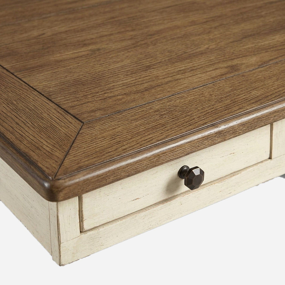 Whitewash table: weathered oak plank top and octagonal knob (close-up detail)