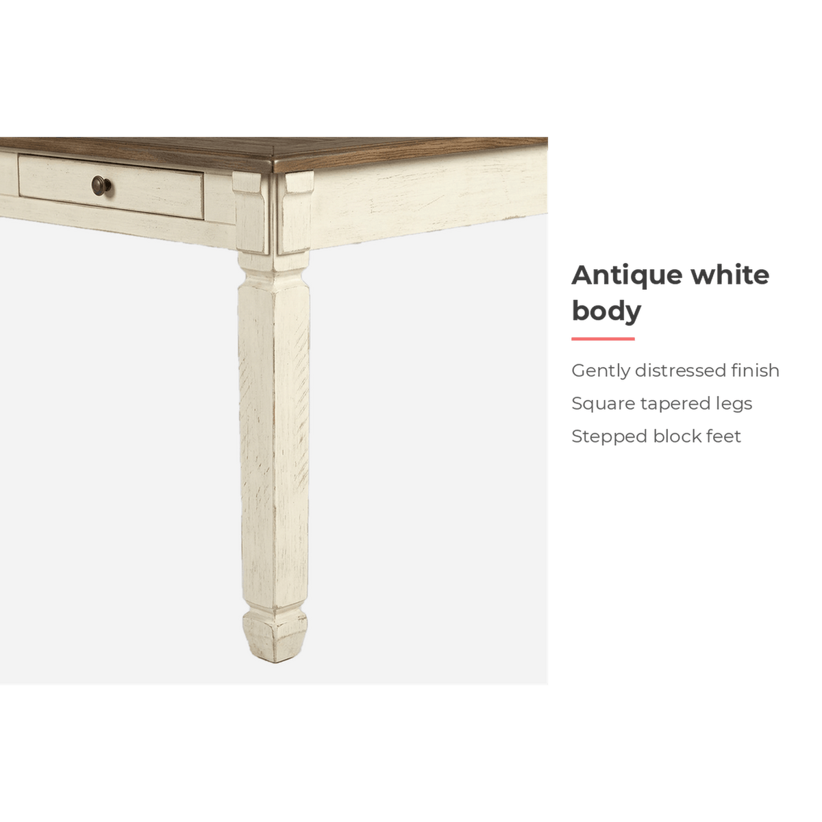Whitewash table: antique white body and legs (feature callout)