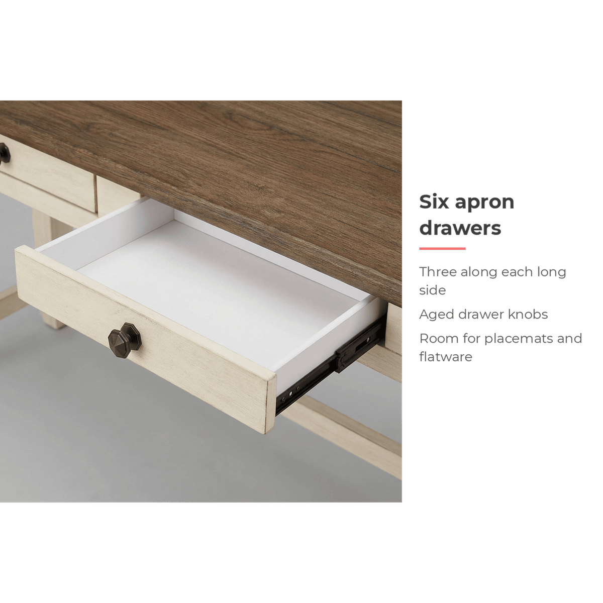 Table with six apron drawers (feature callout)