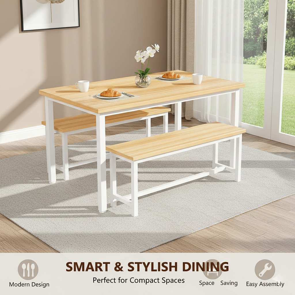 dining table set with natural wood top, white frame and benches, ideal for compact, space-saving dining.