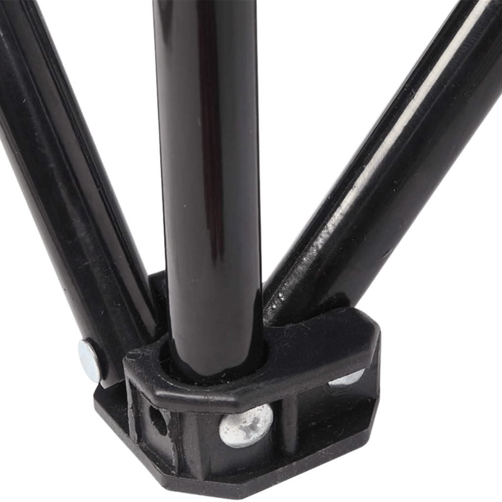 Close-up of the black folding frame joint on a two-person portable outdoor chair.