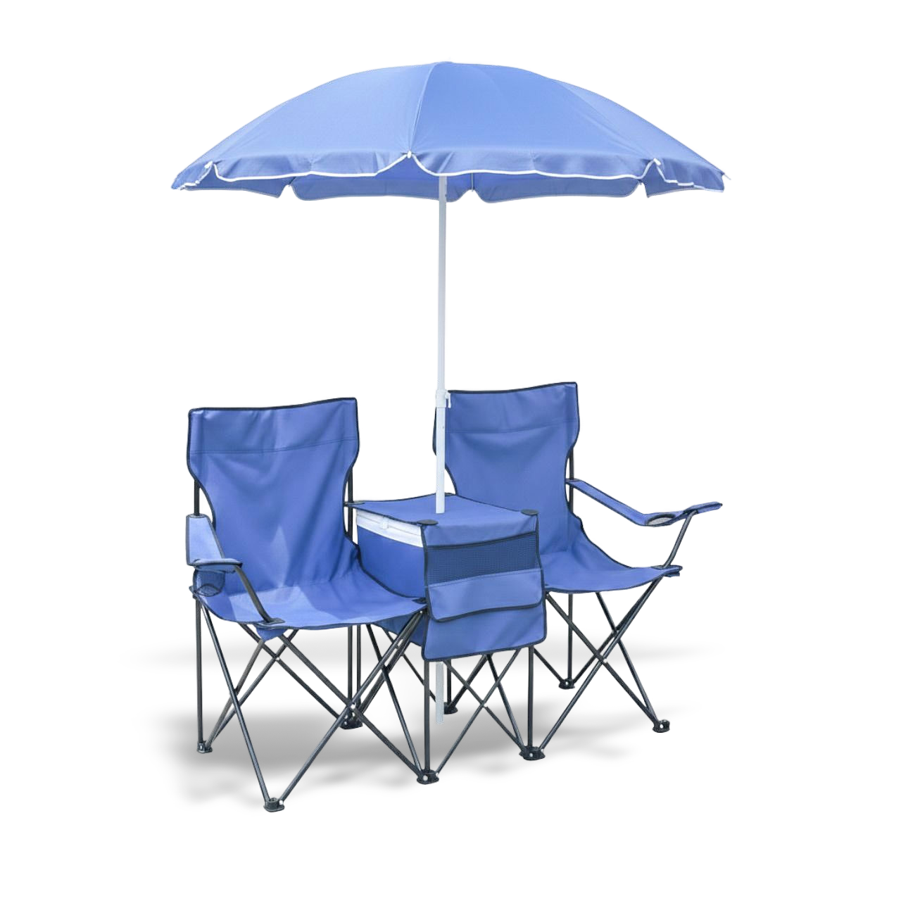 Double outdoor seating set with an adjustable and removable sun shade umbrella; high-strength portable chairs for beach, camping, or sidelines.