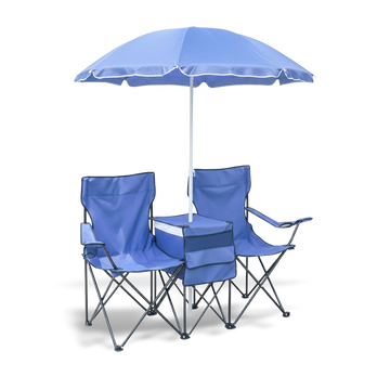 Two-person portable folding chair set with a central removable sun umbrella; features a built-in cooler bag and cup holders for outdoor comfort.