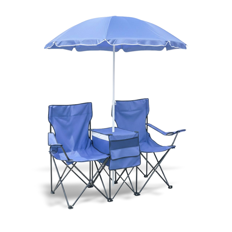 Double outdoor seating set with an adjustable and removable sun shade umbrella; high-strength portable chairs for beach, camping, or sidelines.