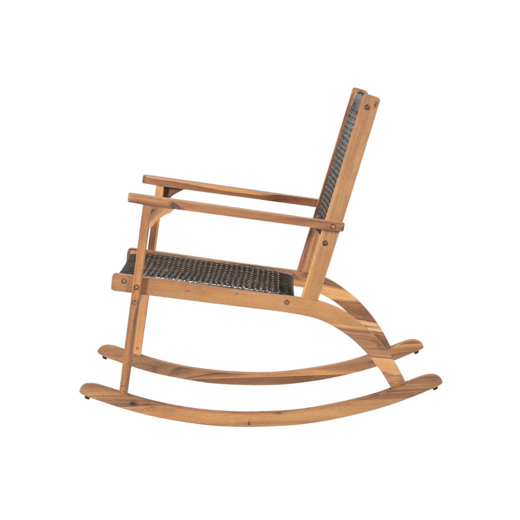 High-durability acacia wood rocking chair set with reinforced woven backs; weather-ready outdoor furniture designed for long-term porch use.
