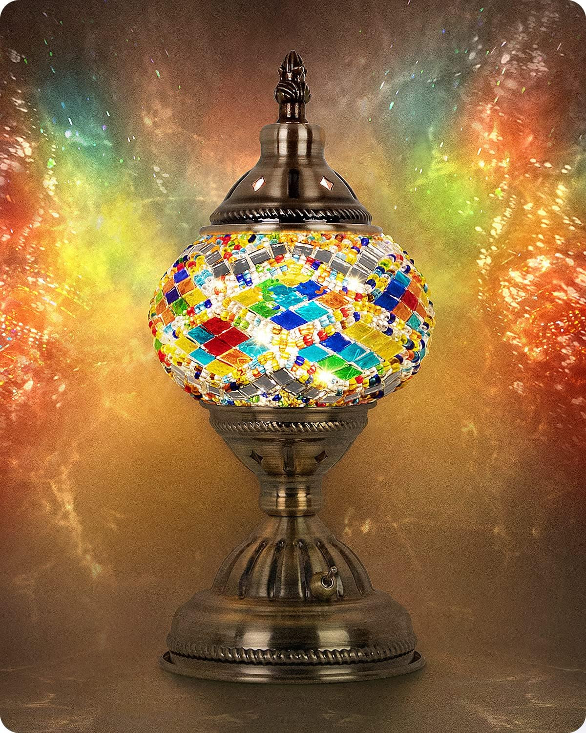 Turkish Moroccan Lamp with Bronze Base Handmade Tiffany Mosaic Glass Lamps Portable Bedside Lamps with Rechargeable Battery 2000Mah (LED Bulb Included)(3)