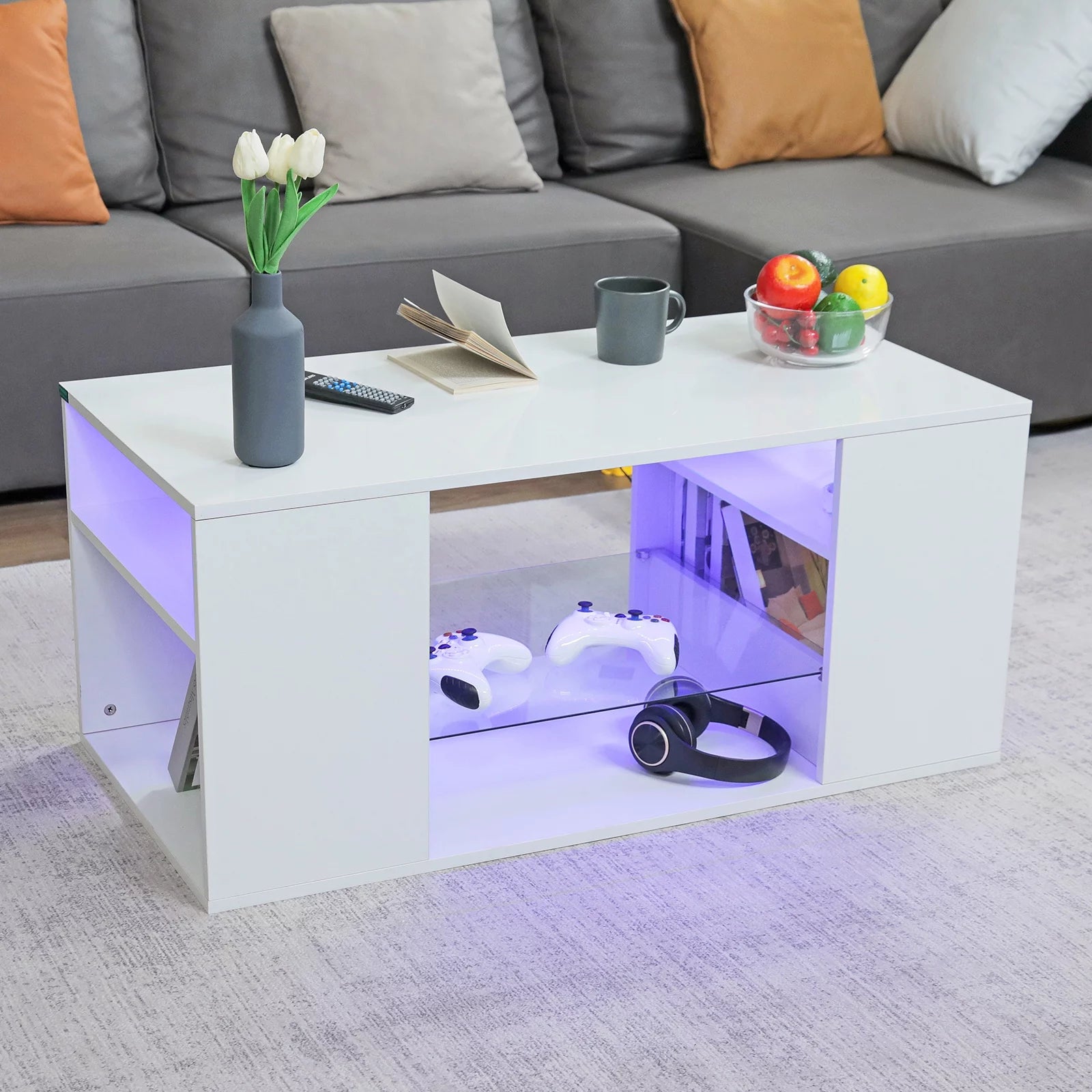 White Coffee Table with LED Lights Living Room Table Glass Open Shelves High Gloss Rectangle Center Table Sofa Side Cocktail Tables