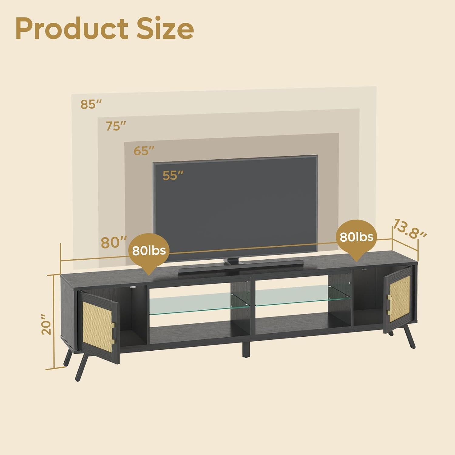 80" Black Rattan TV Stand with LED Lights and Storage