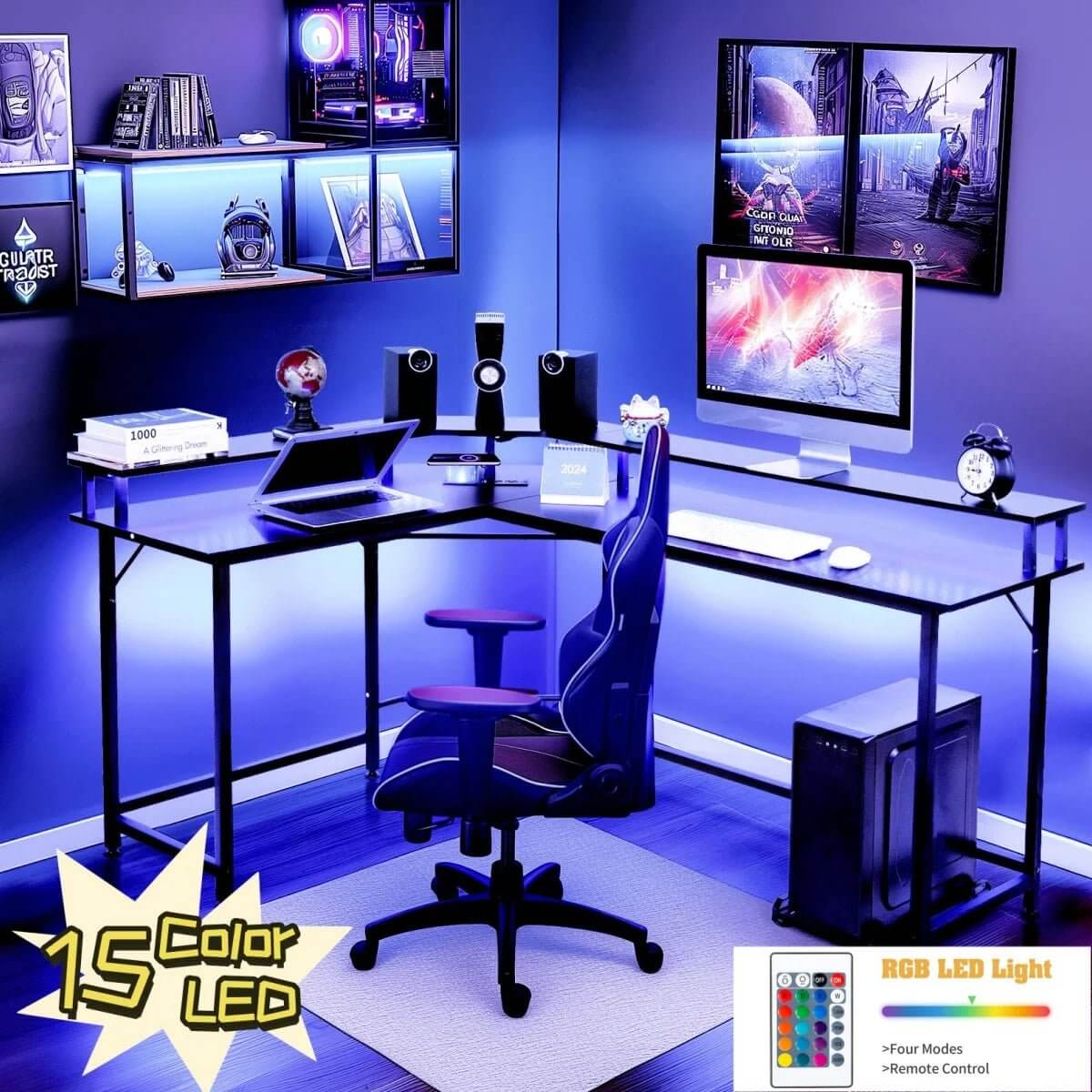 L - Shaped Gaming Desk with LED Lights